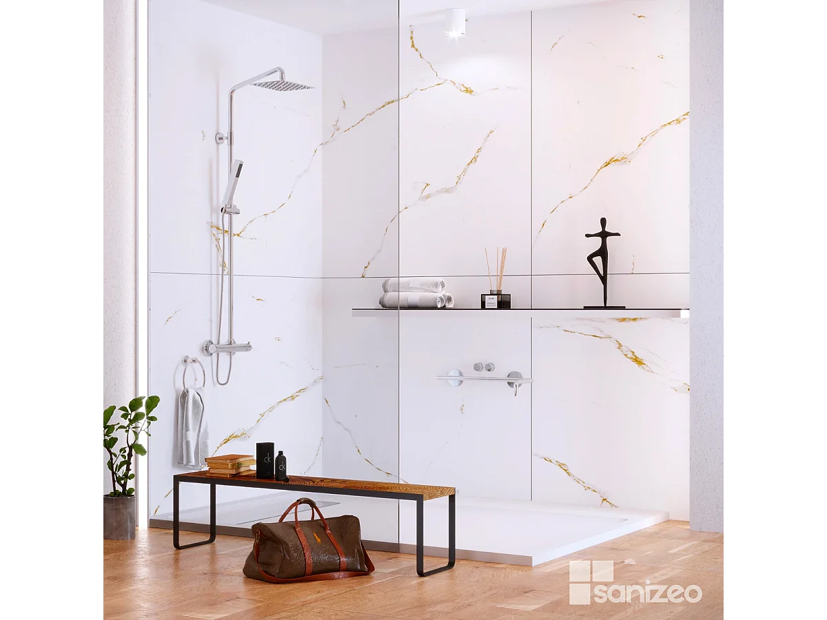 Lot de 2 Panneaux d'Habillage pour Douche et Baignoire, L120*l120*0.4 cm, effet doré, Calacatta GOLD by SANIZÉO