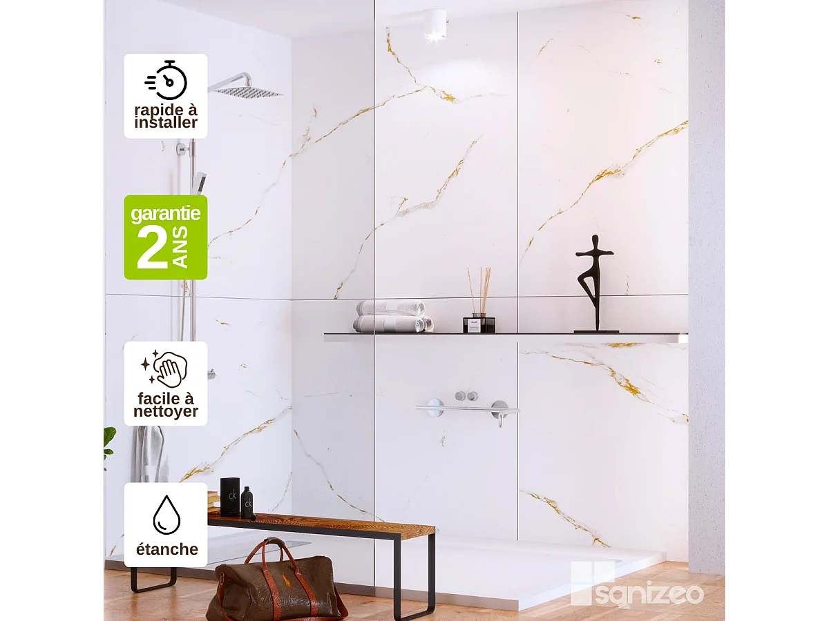 Lot de 2 Panneaux d'Habillage pour Douche et Baignoire, L120*l120*0.4 cm, effet doré, Calacatta GOLD by SANIZÉO