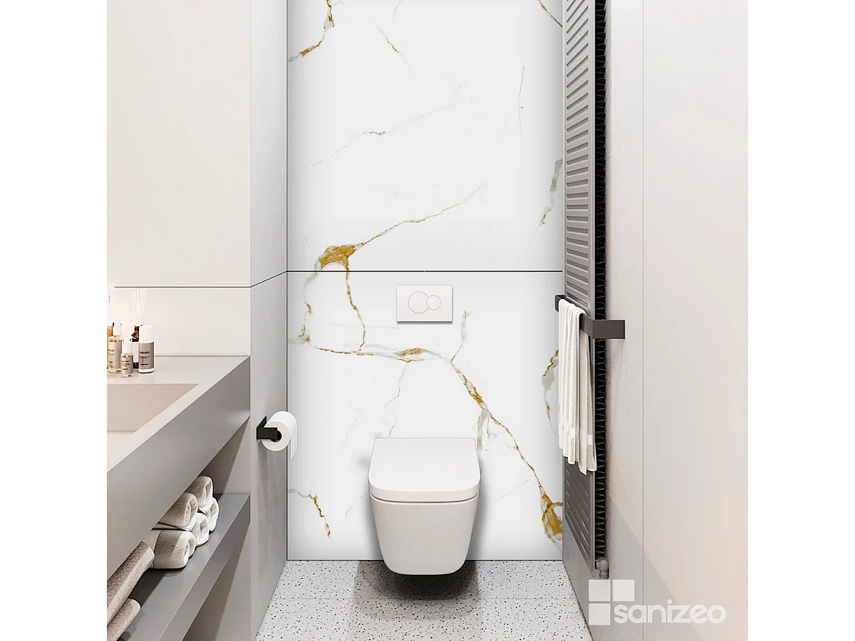 Lot de 2 Panneaux d'Habillage pour Douche et Baignoire, L120*l120*0.4 cm, effet doré, Calacatta GOLD by SANIZÉO