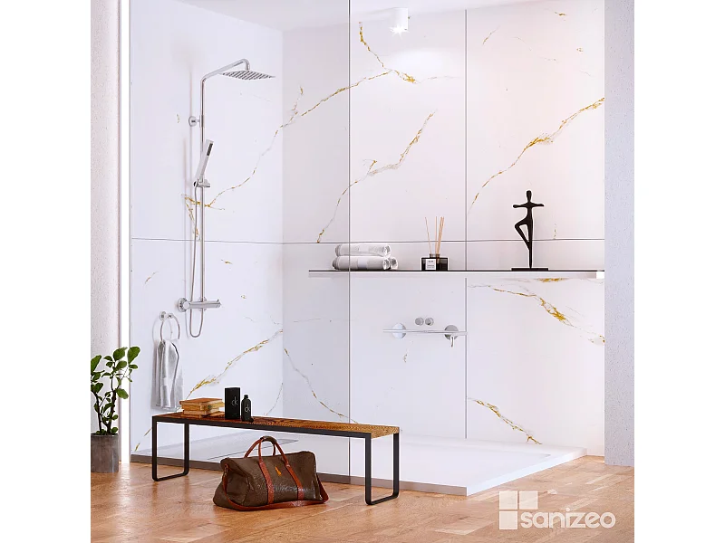 Lot de 2 Panneaux d'Habillage pour Douche et Baignoire, L120*l120*0.4 cm, effet doré, Calacatta GOLD by SANIZÉO