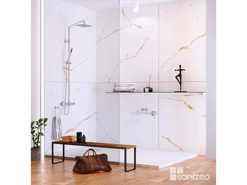 Lot de 2 Panneaux d'Habillage pour Douche et Baignoire, L120*l120*0.4 cm, effet doré, Calacatta GOLD by SANIZÉO