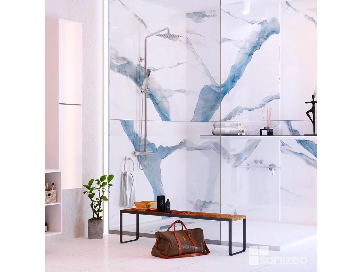 Lot de 2 Panneaux d'Habillage pour Douche et Baignoire, L120*l120*0.4 cm, effet bleu, Calacatta BLUE by SANIZÉO