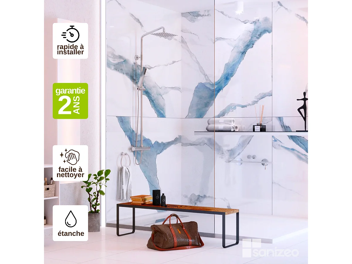 Lot de 2 Panneaux d'Habillage pour Douche et Baignoire, L120*l120*0.4 cm, effet bleu, Calacatta BLUE by SANIZÉO