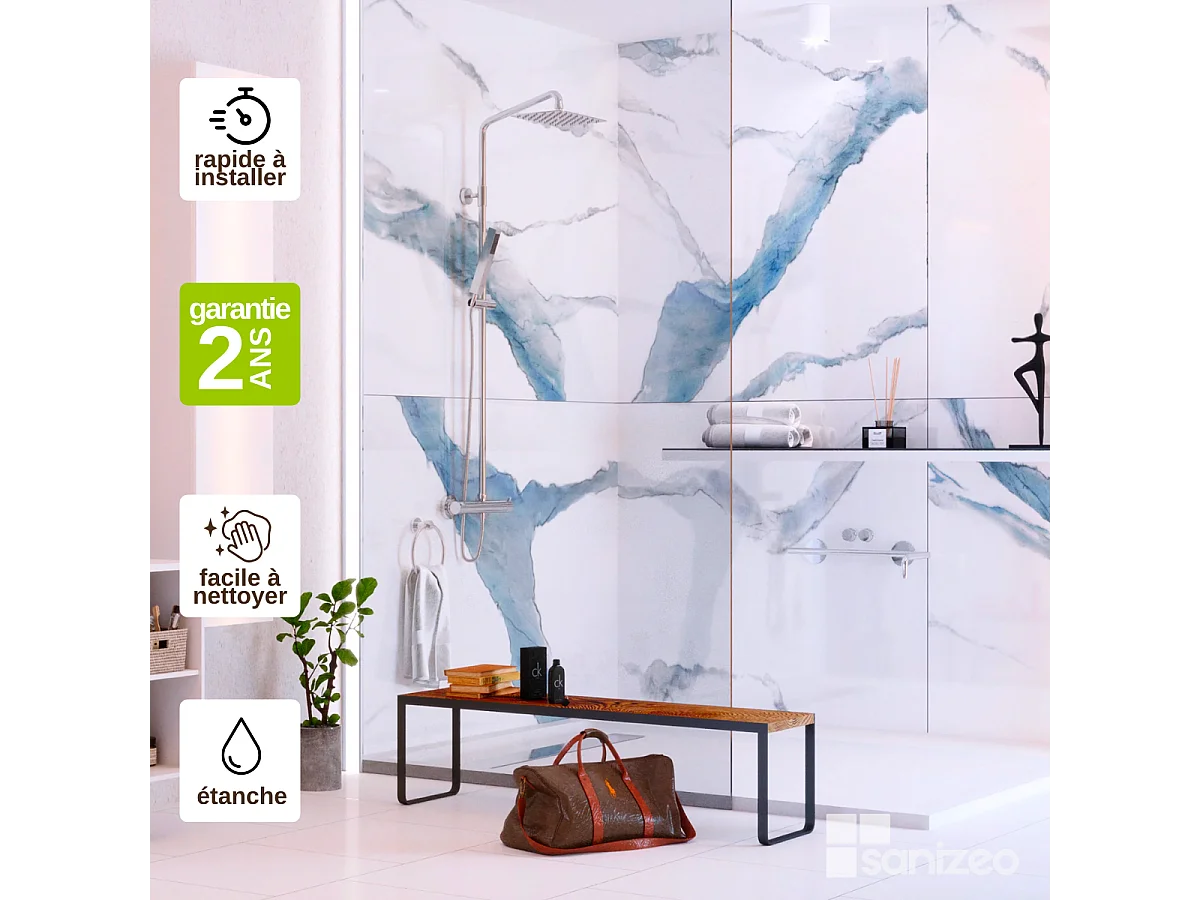 Lot de 2 Panneaux d'Habillage pour Douche et Baignoire, L120*l120*0.4 cm, effet bleu, Calacatta BLUE by SANIZÉO