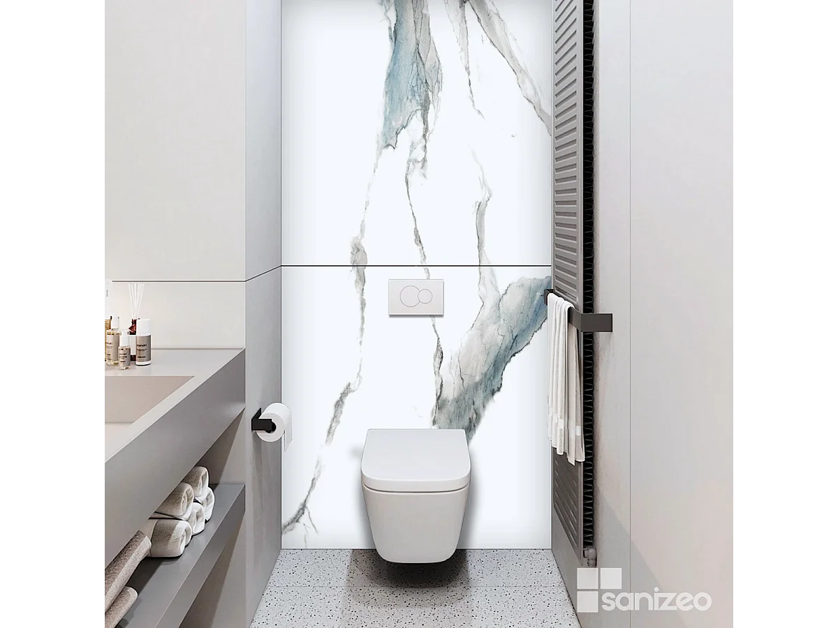 Lot de 2 Panneaux d'Habillage pour Douche et Baignoire, L120*l120*0.4 cm, effet bleu, Calacatta BLUE by SANIZÉO