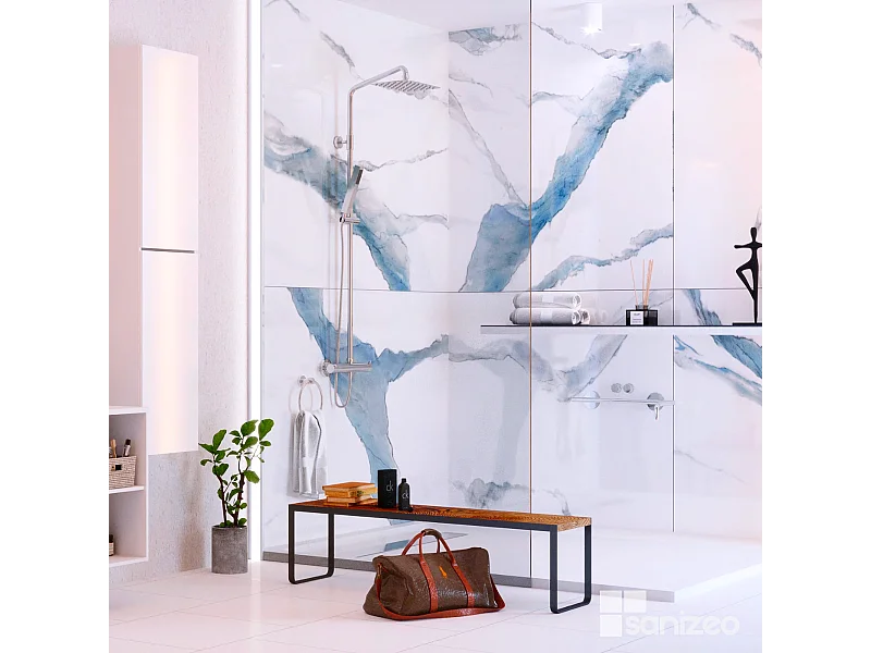 Lot de 2 Panneaux d'Habillage pour Douche et Baignoire, L120*l120*0.4 cm, effet bleu, Calacatta BLUE by SANIZÉO