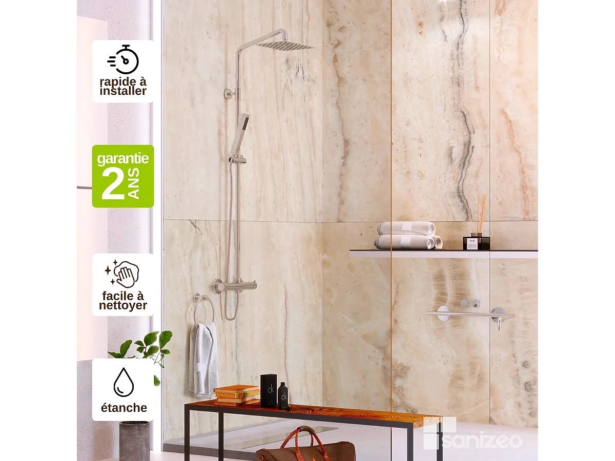 Lot de 2 Panneaux d'Habillage pour Douche et Baignoire, L120*l120*0.4 cm, effet marbre beige, Sabana by SANIZÉO