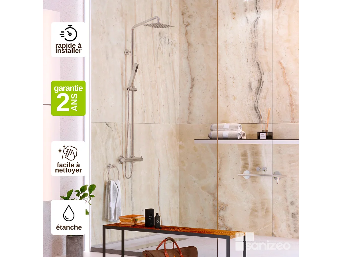 Lot de 2 Panneaux d'Habillage pour Douche et Baignoire, L120*l120*0.4 cm, effet marbre beige, Sabana by SANIZÉO