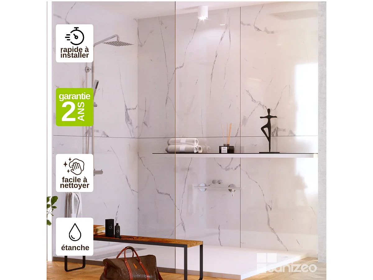 Lot de 2 Panneaux d'Habillage pour Douche et Baignoire, L120*l120*0.4 cm, effet marbre blanc, Mud White by SANIZÉO
