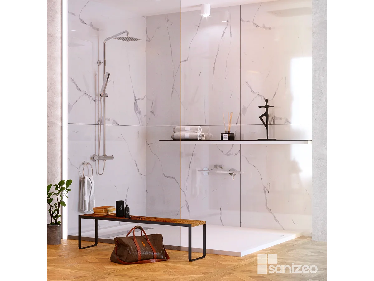 Lot de 2 Panneaux d'Habillage pour Douche et Baignoire, L120*l120*0.4 cm, effet marbre blanc, Mud White by SANIZÉO