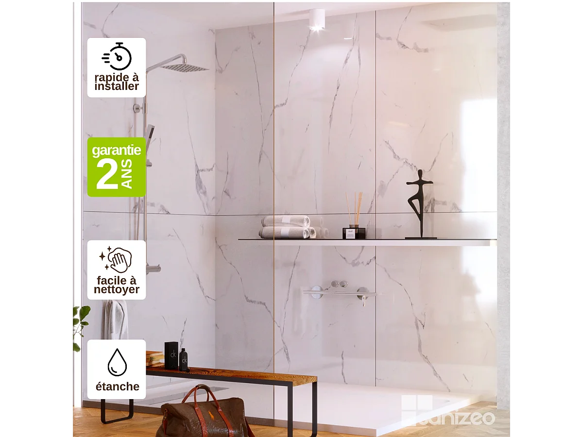 Lot de 2 Panneaux d'Habillage pour Douche et Baignoire, L120*l120*0.4 cm, effet marbre blanc, Mud White by SANIZÉO