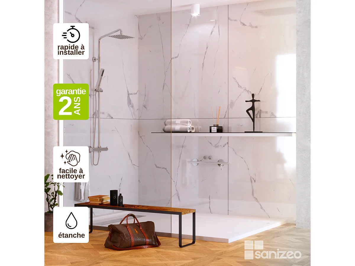 Kit 2 Panneaux Muraux Décoratifs de Douche - 120x120 cm  - Ép. 4mm - Effet Marbre Blanc - MUD WHITE KOBERTIN