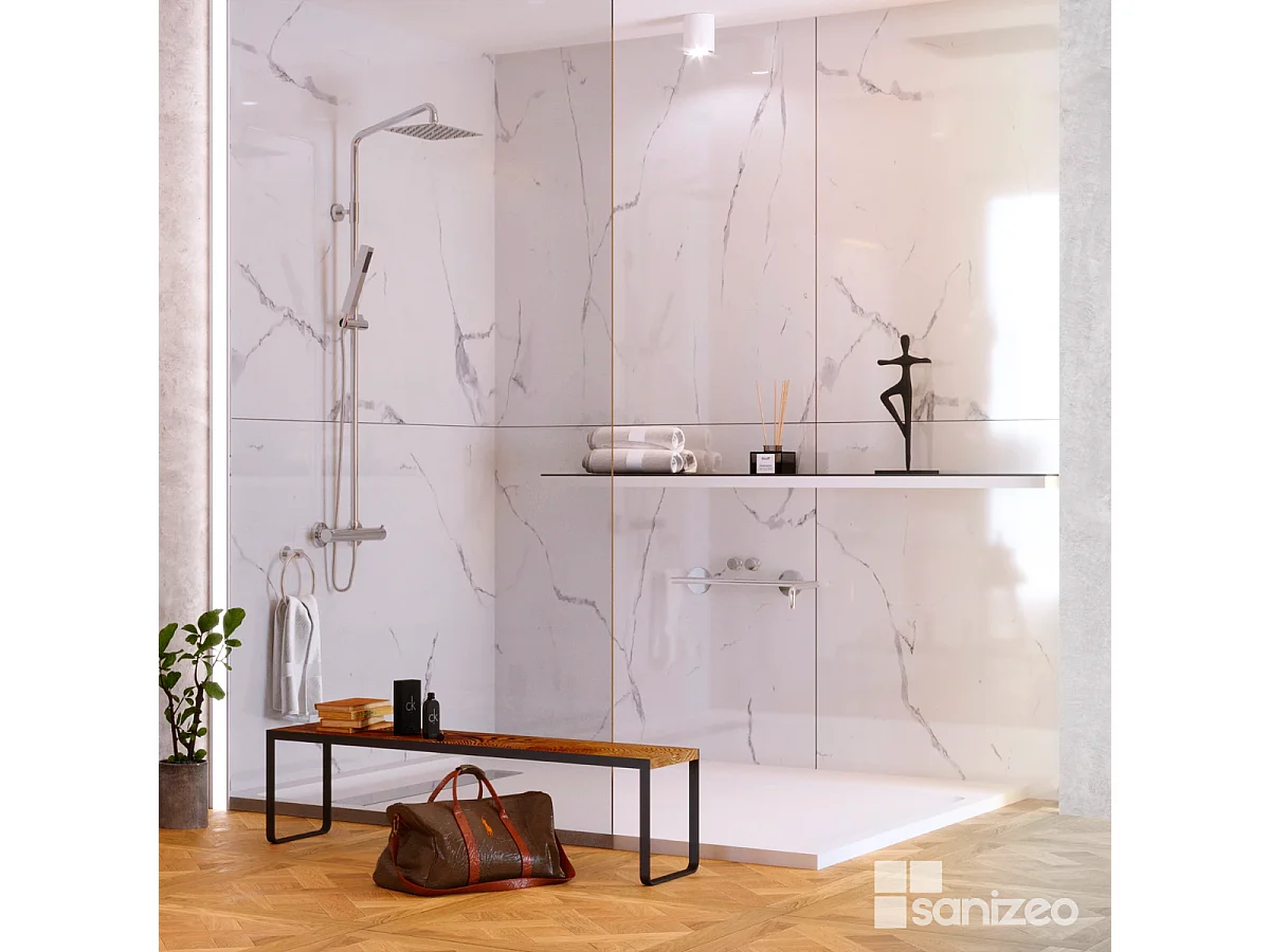 Kit 2 Panneaux Muraux Décoratifs de Douche - 120x120 cm  - Ép. 4mm - Effet Marbre Blanc - MUD WHITE KOBERTIN