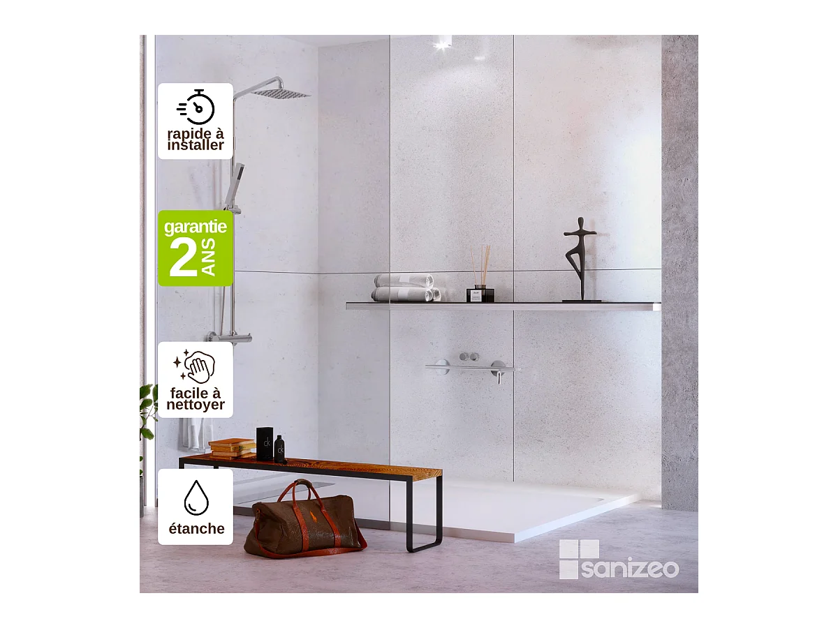 Lot de 2 Panneaux d'Habillage pour Douche et Baignoire, L120*l120*0.4 cm, effet minéral blanc, Verona White by SANIZÉO