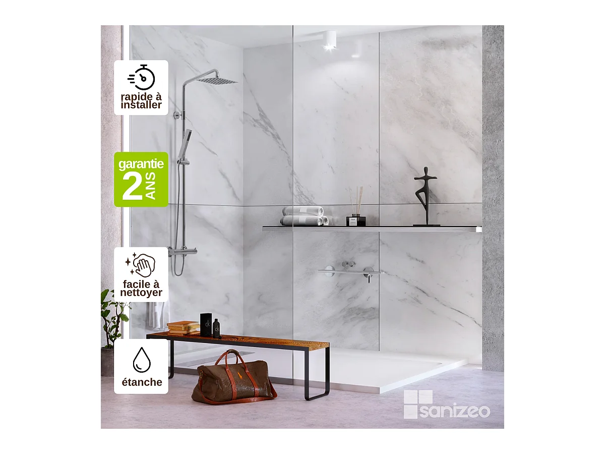 Lot de 2 Panneaux d'Habillage pour Douche et Baignoire, L120*l120*0.4 cm, effet marbre gris, Versilia by SANIZÉO