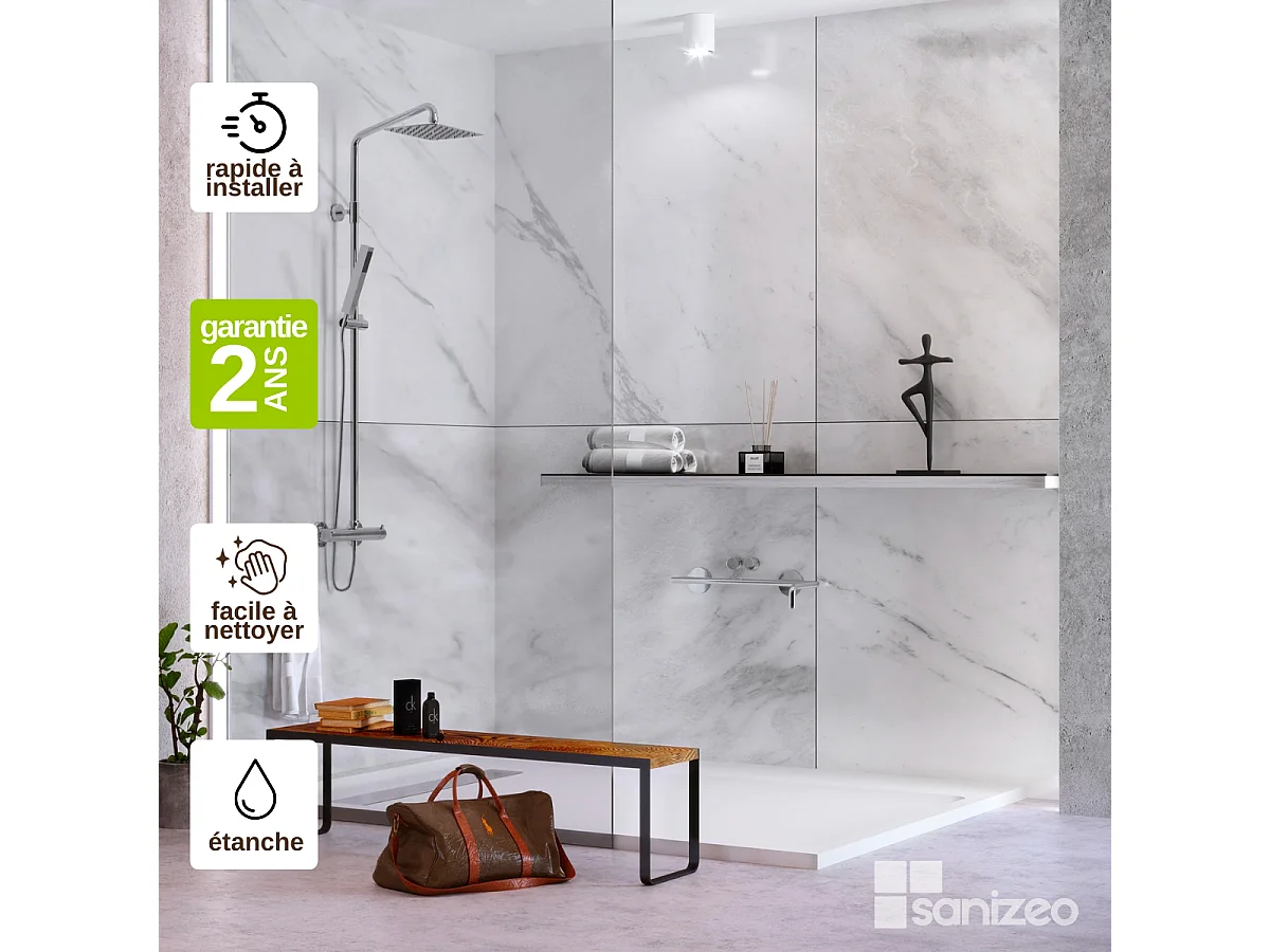 Lot de 2 Panneaux d'Habillage pour Douche et Baignoire, L120*l120*0.4 cm, effet marbre gris, Versilia by SANIZÉO