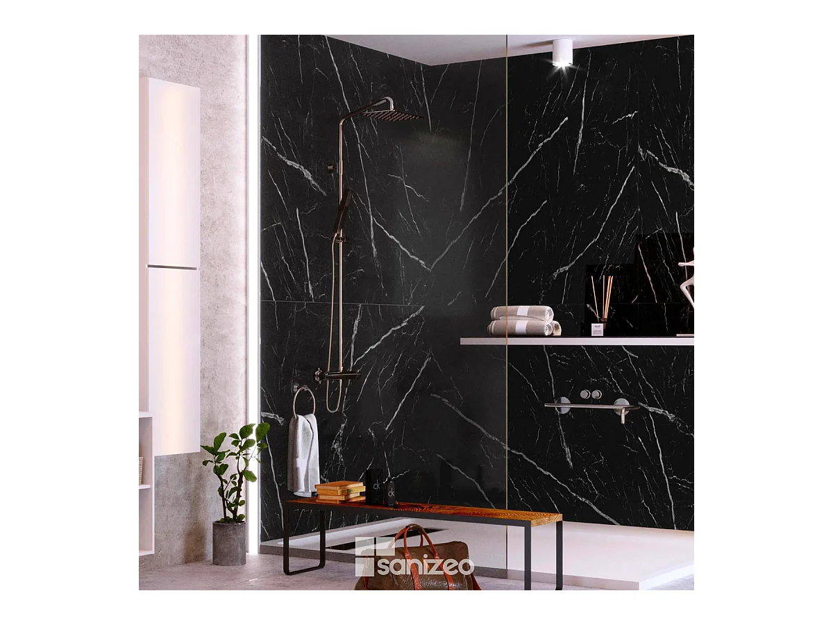 Lot de 2 Panneaux d'Habillage pour Douche et Baignoire, L120*l120*0.4 cm, effet marbre noir, Infinite Black by SANIZÉO