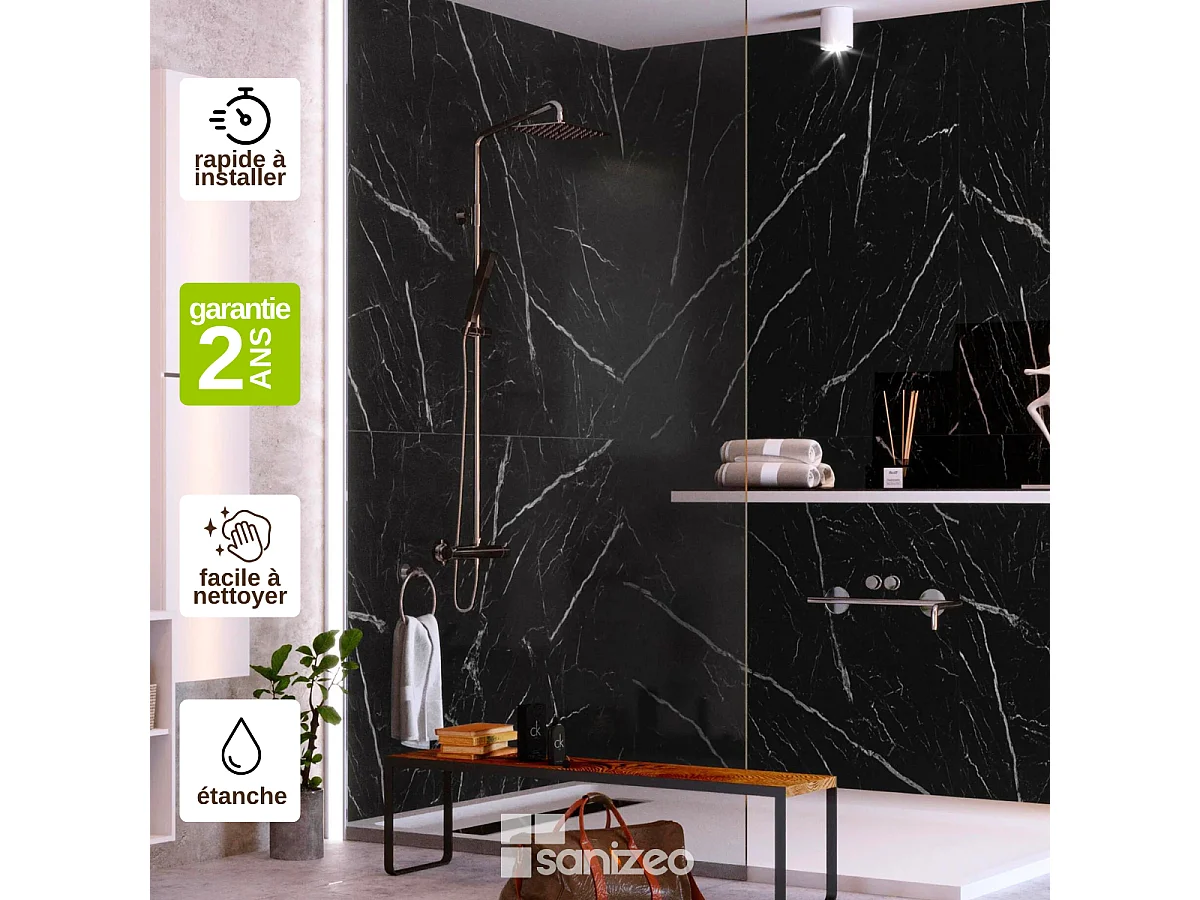 Lot de 2 Panneaux d'Habillage pour Douche et Baignoire, L120*l120*0.4 cm, effet marbre noir, Infinite Black by SANIZÉO
