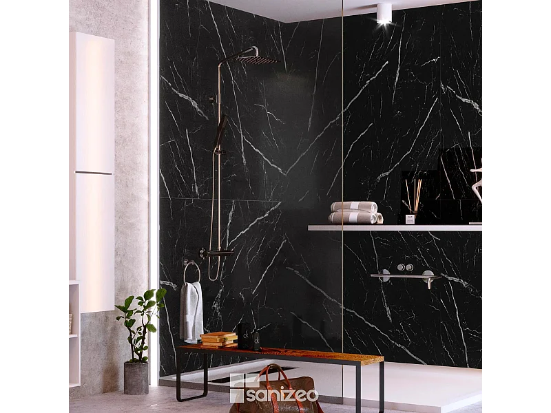 Lot de 2 Panneaux d'Habillage pour Douche et Baignoire, L120*l120*0.4 cm, effet marbre noir, Infinite Black by SANIZÉO