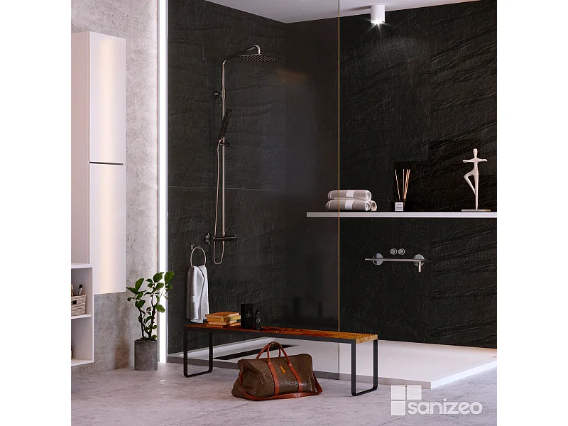 Lot de 2 Panneaux d'Habillage pour Douche et Baignoire, L120*l120*0.4 cm, effet effet pierre noire, Manson by SANIZÉO