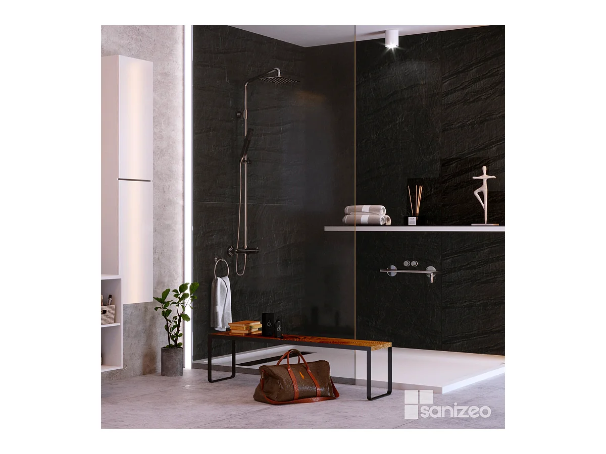 Lot de 2 Panneaux d'Habillage pour Douche et Baignoire, L120*l120*0.4 cm, effet effet pierre noire, Manson by SANIZÉO