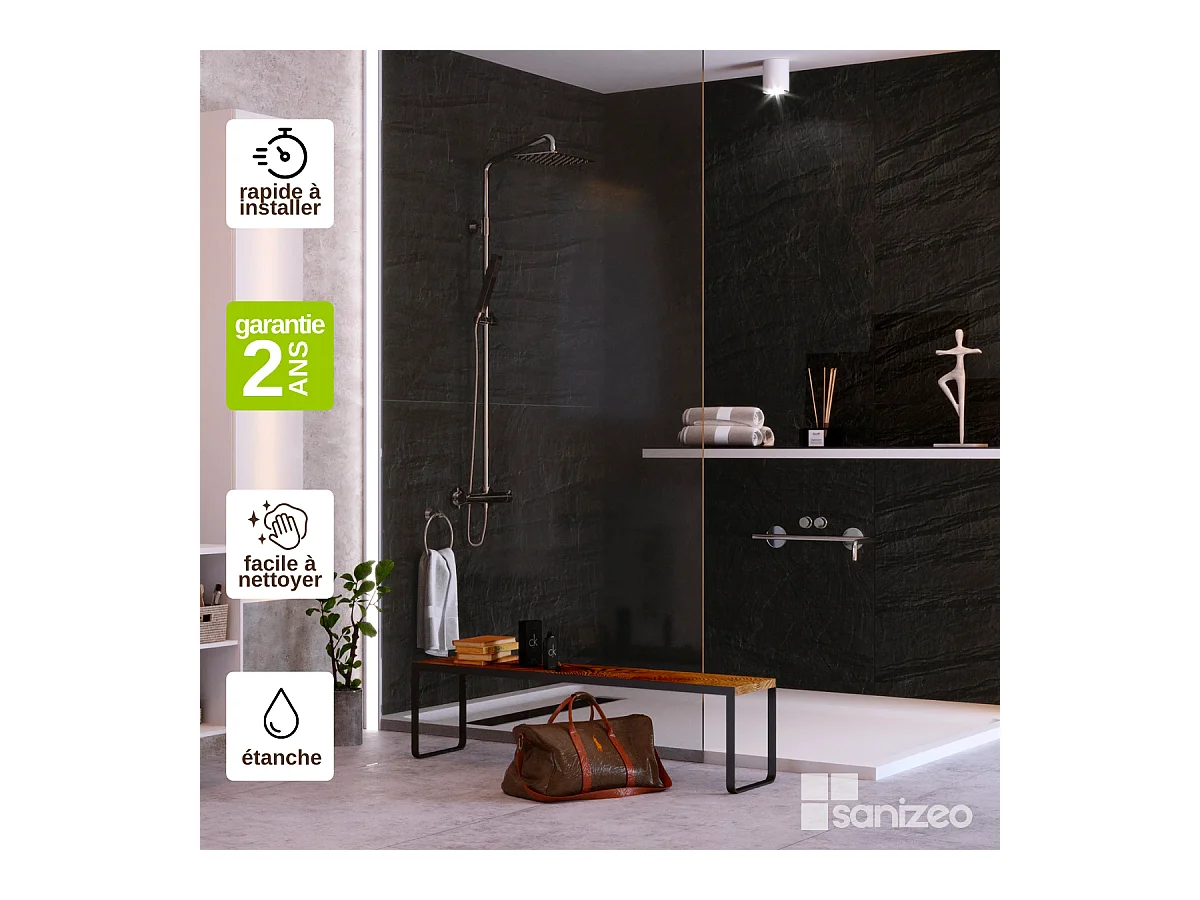 Lot de 2 Panneaux d'Habillage pour Douche et Baignoire, L120*l120*0.4 cm, effet effet pierre noire, Manson by SANIZÉO