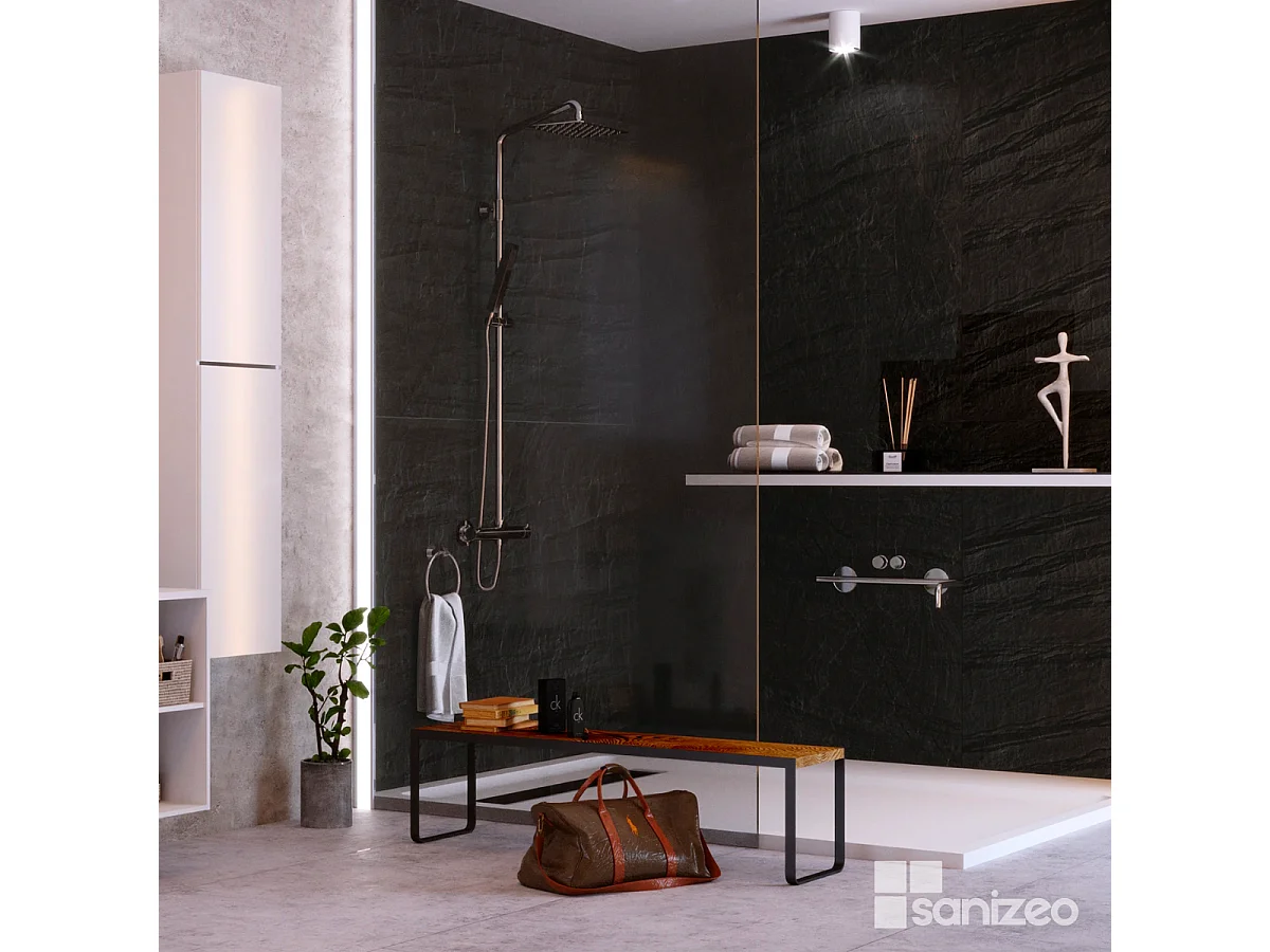 Lot de 2 Panneaux d'Habillage pour Douche et Baignoire, L120*l120*0.4 cm, effet effet pierre noire, Manson by SANIZÉO