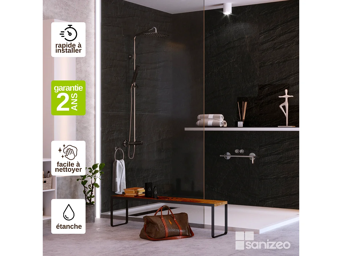 Lot de 2 Panneaux d'Habillage pour Douche et Baignoire, L120*l120*0.4 cm, effet effet pierre noire, Manson by SANIZÉO