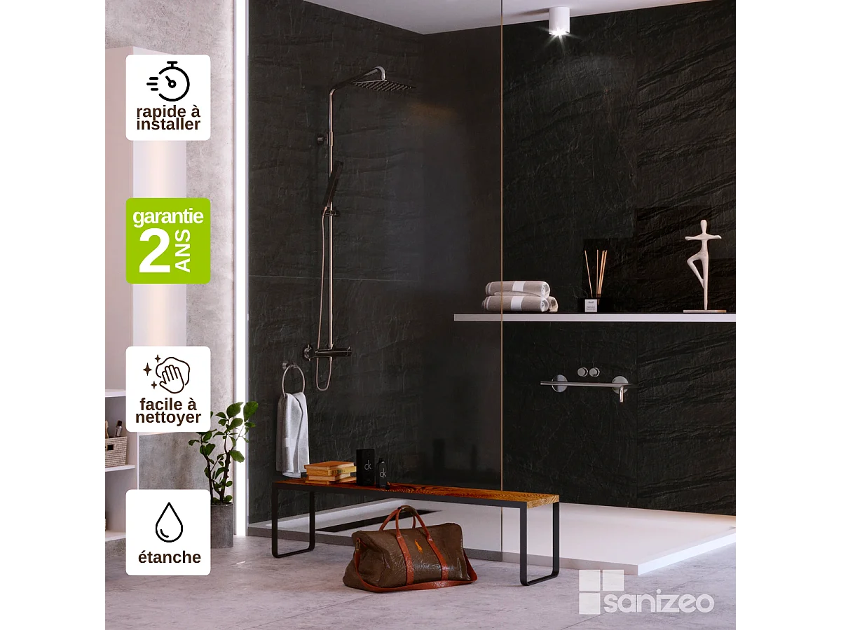 Lot de 2 Panneaux d'Habillage pour Douche et Baignoire, L120*l120*0.4 cm, effet effet pierre noire, Manson by SANIZÉO