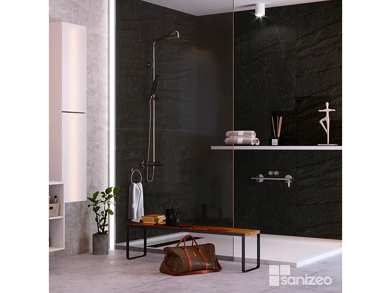 Lot de 2 Panneaux d'Habillage pour Douche et Baignoire, L120*l120*0.4 cm, effet effet pierre noire, Manson by SANIZÉO