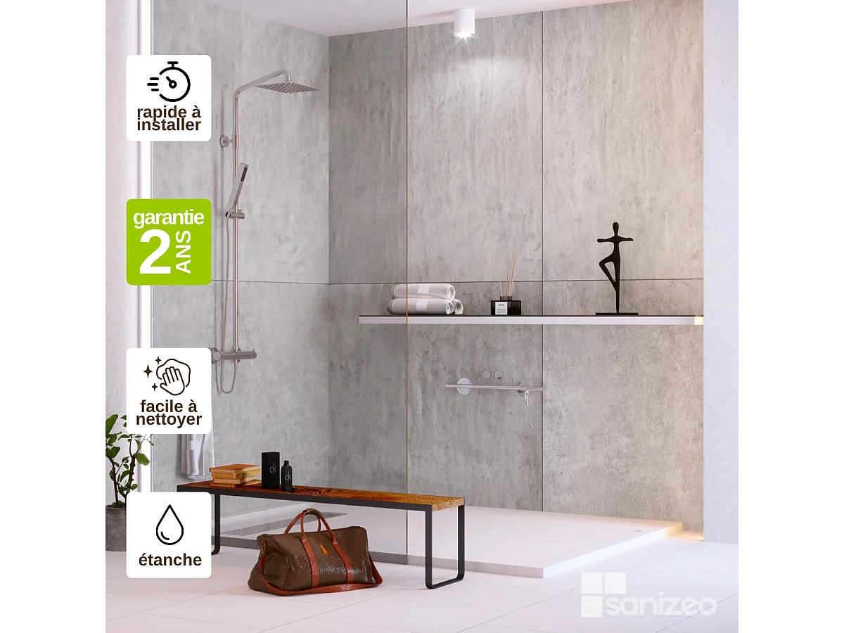 Kit 2 Panneaux Muraux Décoratifs de Douche - 120x120 cm  - Ép. 4mm - Effet Béton - URBAN CONCRETE KOBERTIN