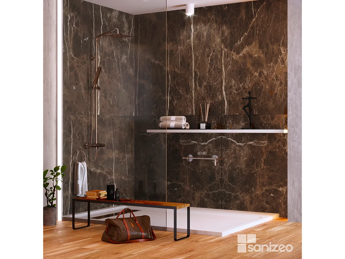 Lot de 2 Panneaux d'Habillage pour Douche et Baignoire, L120*l120*0.4 cm, effet marbre marron, Emperador by SANIZÉO