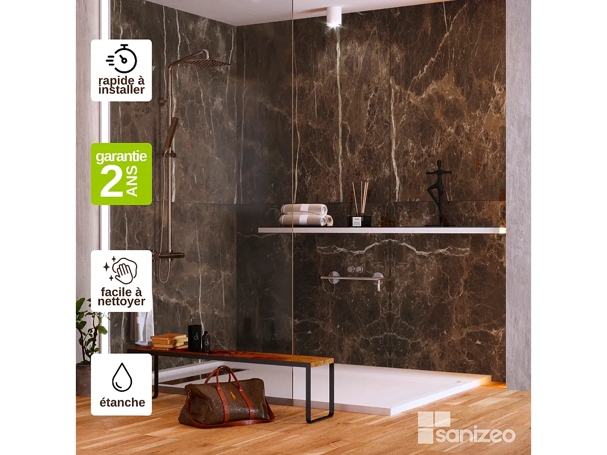 Lot de 2 Panneaux d'Habillage pour Douche et Baignoire, L120*l120*0.4 cm, effet marbre marron, Emperador by SANIZÉO