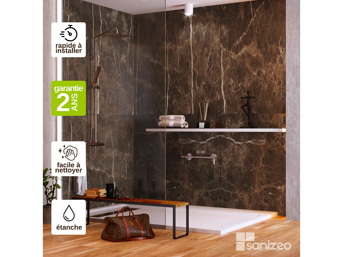 Lot de 2 Panneaux d'Habillage pour Douche et Baignoire, L120*l120*0.4 cm, effet marbre marron, Emperador by SANIZÉO
