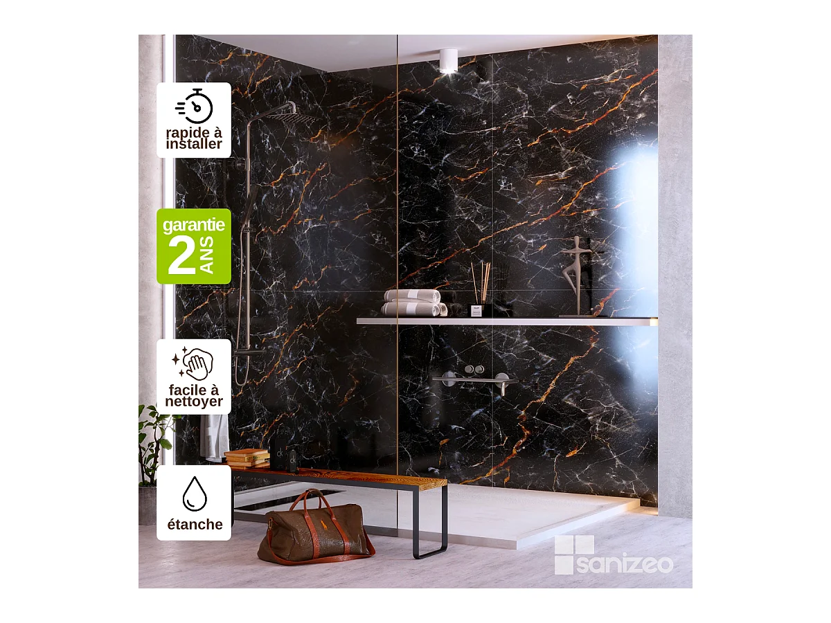 Lot de 2 Panneaux d'Habillage pour Douche et Baignoire, L120*l120*0.4 cm, effet marbre gris, Promise by SANIZÉO