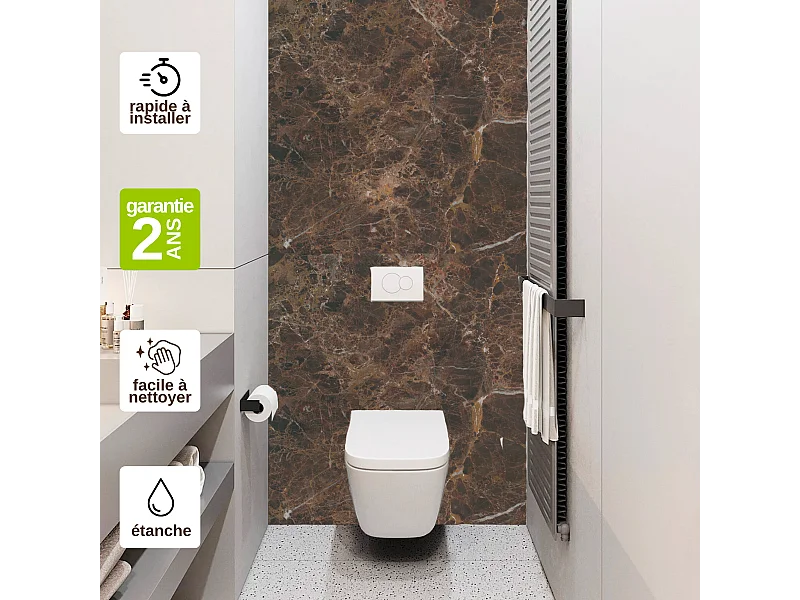 Panneau Habillage WC suspendu , L120*l120*0.4 cm, effet marbre marron, Emperador by SANIZÉO
