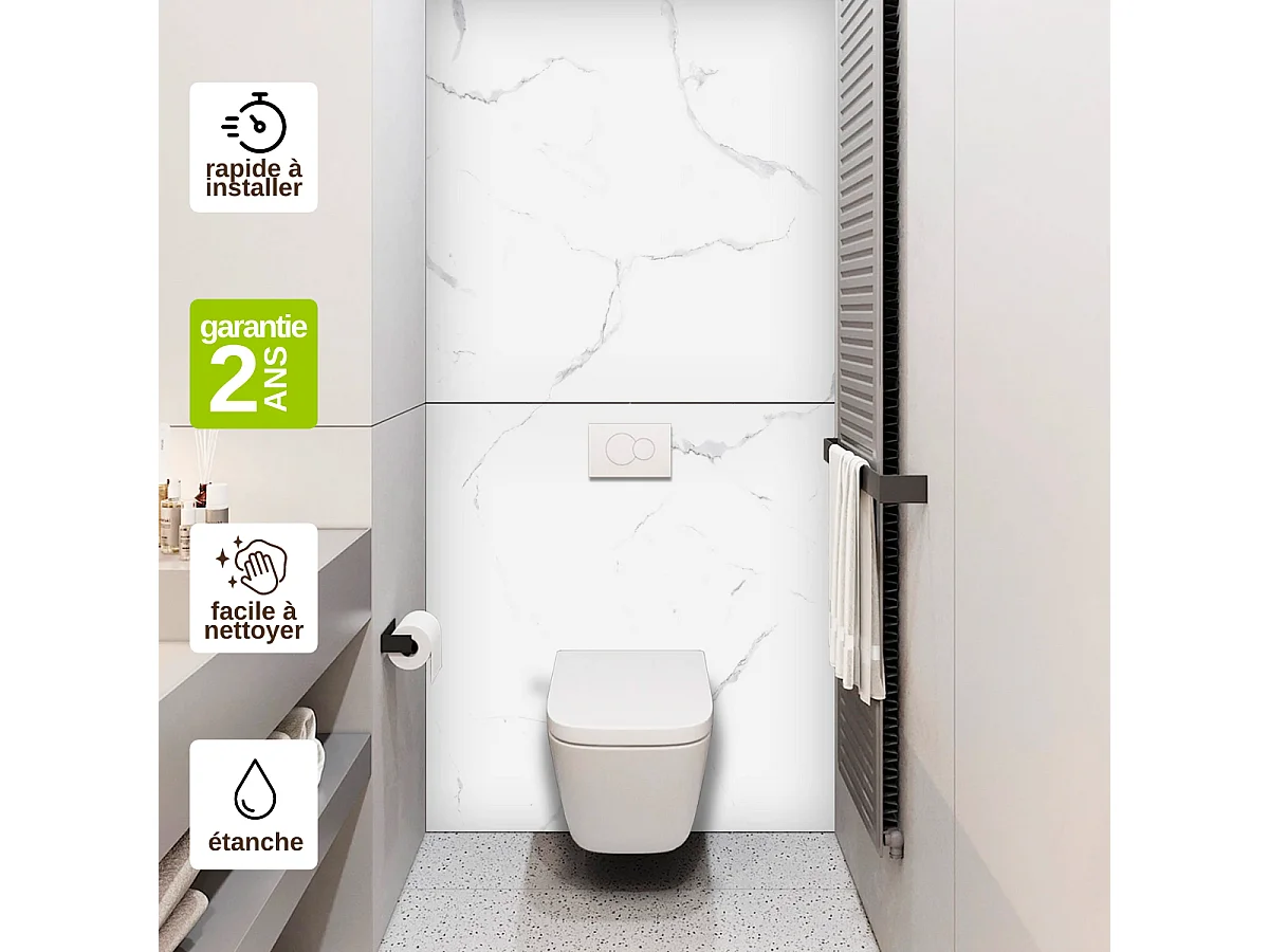 Panneau Habillage WC suspendu , L120*l120*0.4 cm, effet marbre blanc, Mud White by SANIZÉO