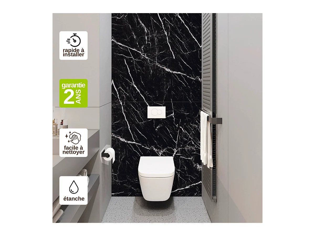 Panneau Habillage WC suspendu , L120*l120*0.4 cm, effet marbre noir, Infinite Black by SANIZÉO