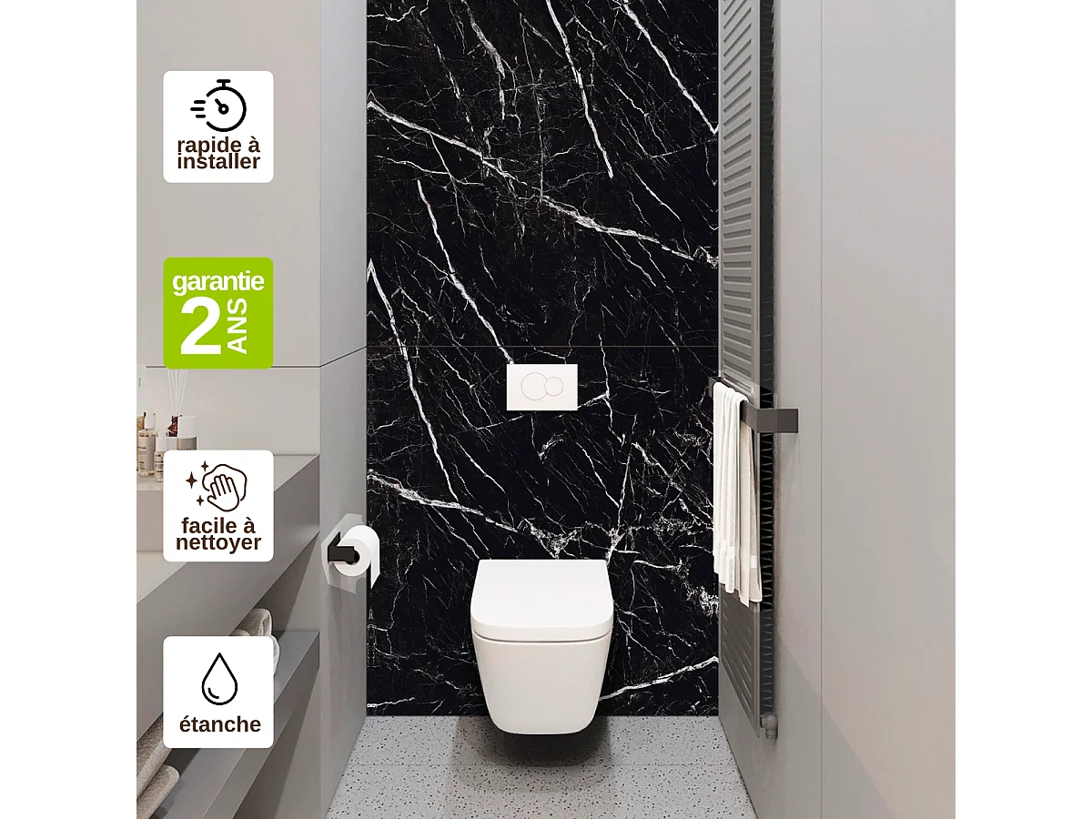 Panneau Habillage WC suspendu , L120*l120*0.4 cm, effet marbre noir, Infinite Black by SANIZÉO