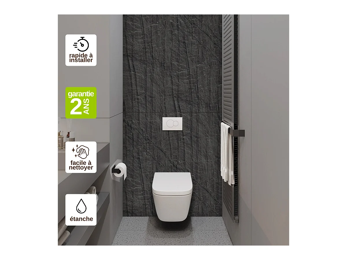 Panneau Habillage WC suspendu , L120*l120*0.4 cm, effet effet pierre noire, Manson by SANIZÉO