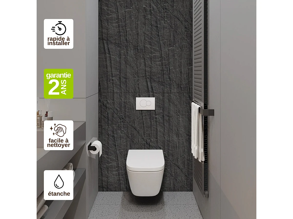 Panneau Habillage WC suspendu , L120*l120*0.4 cm, effet effet pierre noire, Manson by SANIZÉO