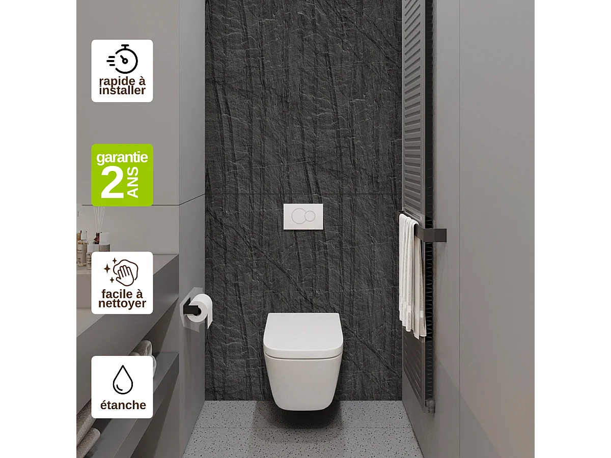 Panneau Habillage WC suspendu , L120*l120*0.4 cm, effet effet pierre noire, Manson by SANIZÉO