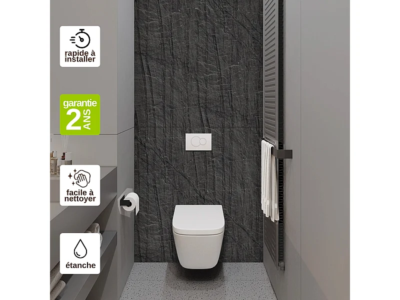 Panneau Habillage WC suspendu , L120*l120*0.4 cm, effet effet pierre noire, Manson by SANIZÉO
