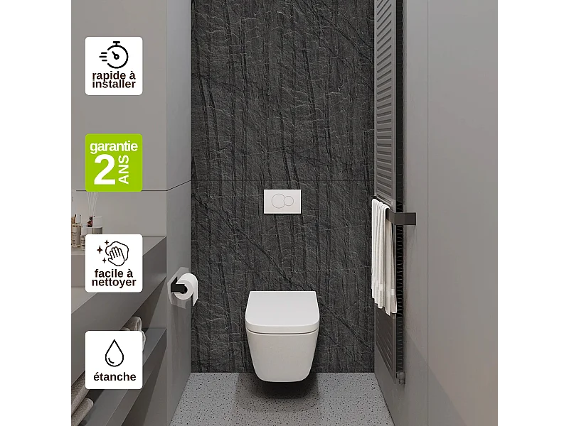 Panneau Habillage WC suspendu , L120*l120*0.4 cm, effet effet pierre noire, Manson by SANIZÉO