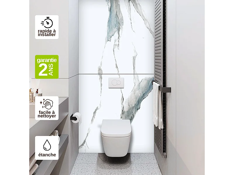 Panneau Habillage WC suspendu , L120*l120*0.4 cm, effet bleu, Calacatta BLUE by SANIZÉO