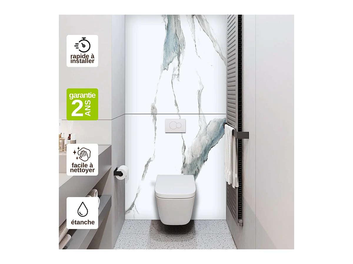 Panneau Habillage WC suspendu , L120*l120*0.4 cm, effet bleu, Calacatta BLUE by SANIZÉO