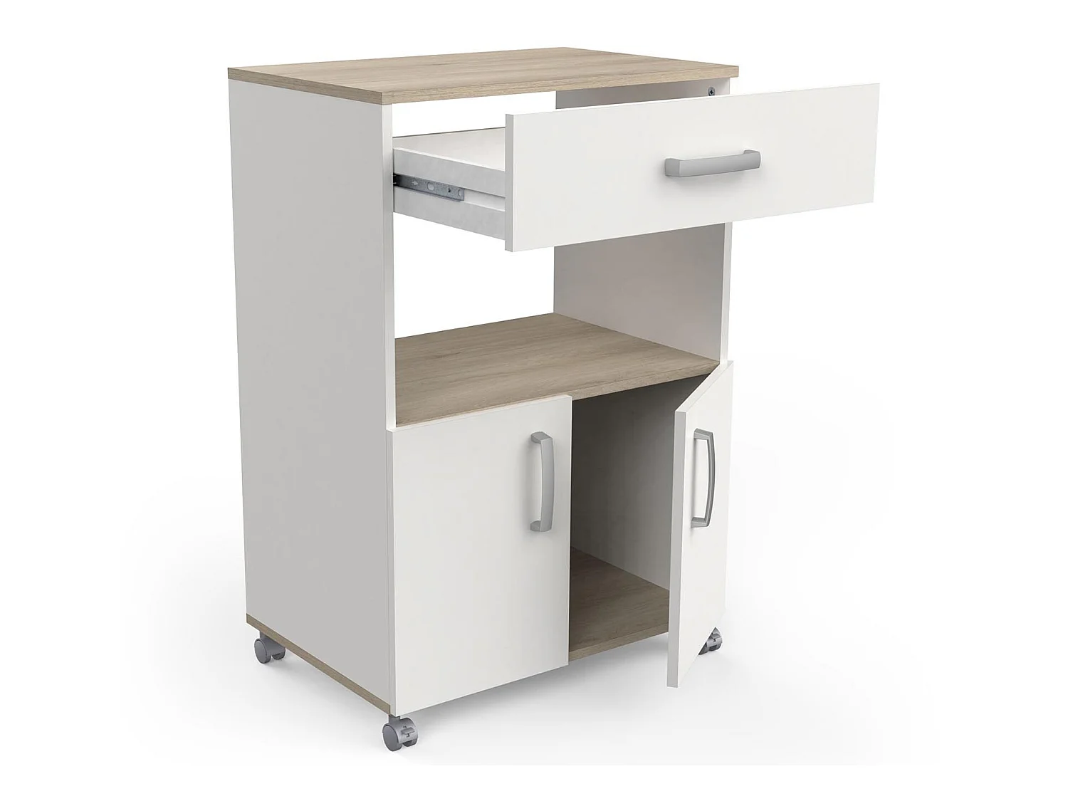 Desserte micro-ondes pour cuisine coloris chêne kronberg, blanc mat - Longueur 59,6 x Hauteur 88,3 x Profondeur 41,2cm