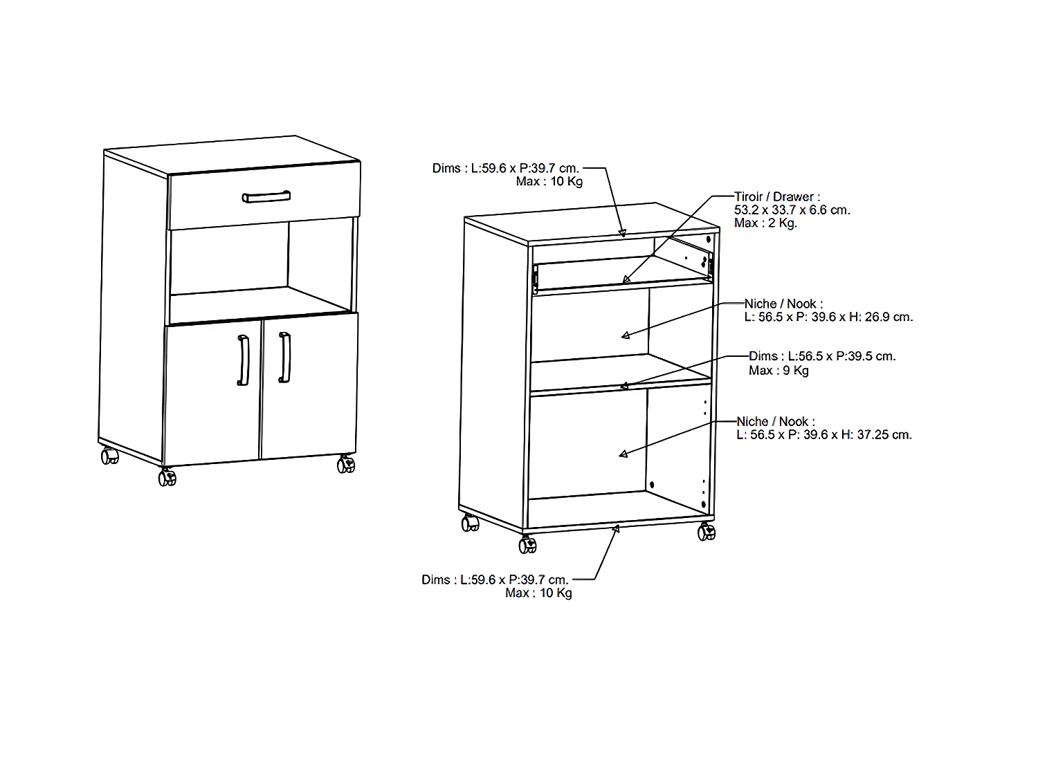 Desserte micro-ondes pour cuisine coloris chêne kronberg, blanc mat - Longueur 59,6 x Hauteur 88,3 x Profondeur 41,2cm