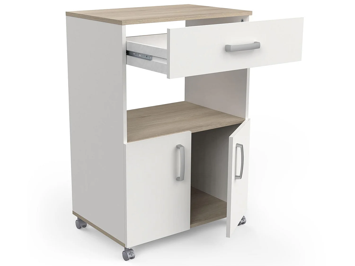 Desserte micro-ondes pour cuisine coloris chêne kronberg, blanc mat - Longueur 59,6 x Hauteur 88,3 x Profondeur 41,2cm