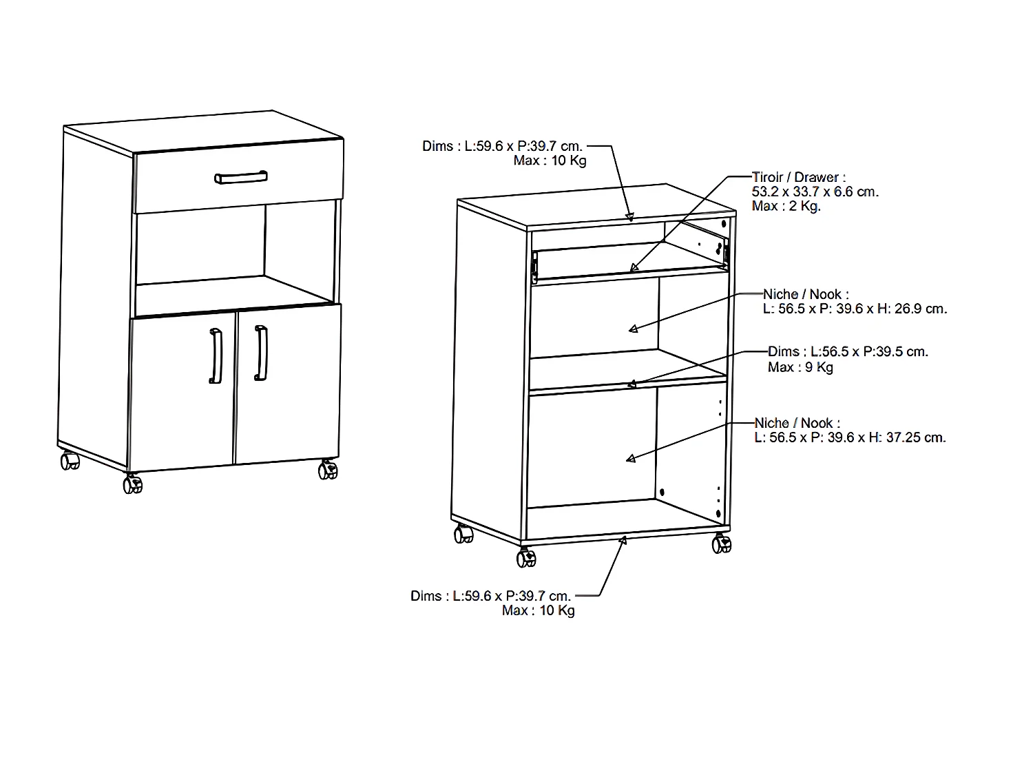 Desserte micro-ondes pour cuisine coloris chêne kronberg, blanc mat - Longueur 59,6 x Hauteur 88,3 x Profondeur 41,2cm